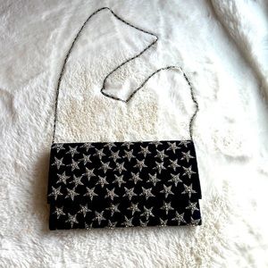 Navy velvet crossbody or envelope clutch with rhinestone stars